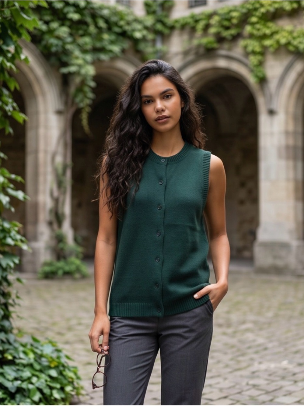 PRETTYGARDEN Dark Green Sweater Vest Button Down Crewneck Womens Medium NWT